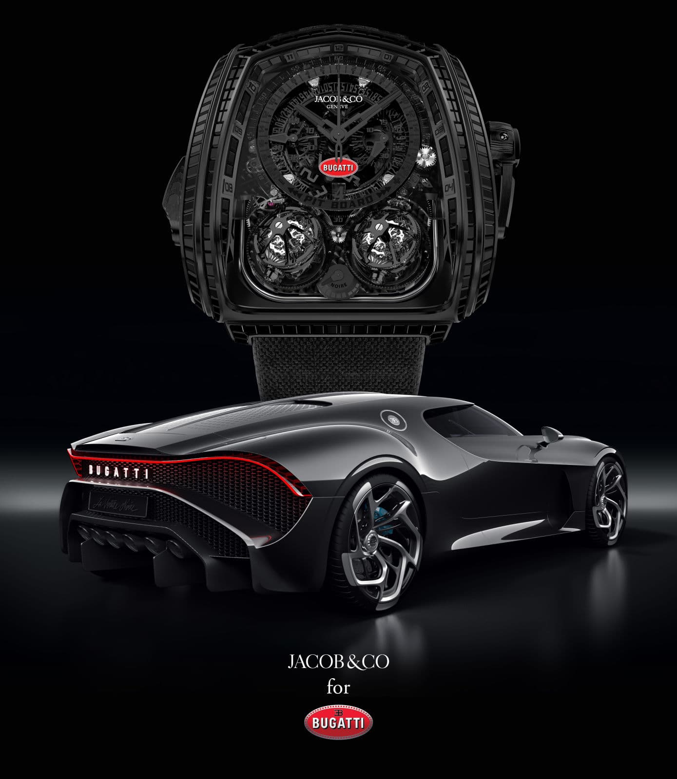 En hommage à La Voiture Noire: la one-off Twin Turbo Furious Bugatti La Montre Noire.