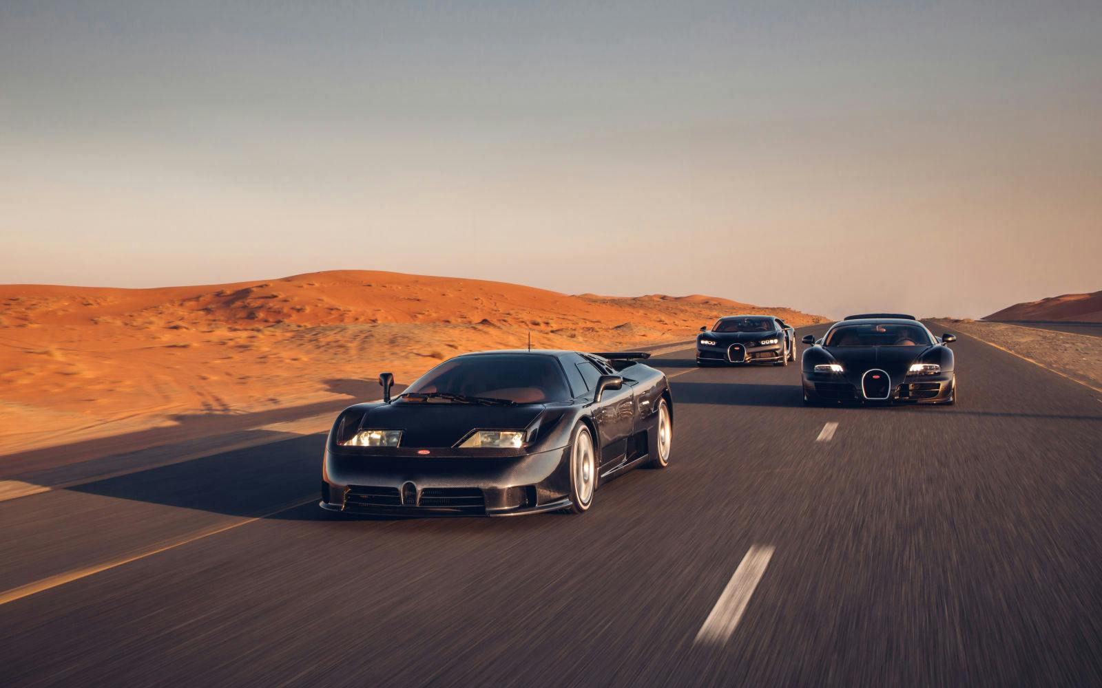 La Trilogie de l’ère moderne Bugatti, les Bugatti EB110, Veyron 16.4 et Chiron, réunies à Dubai