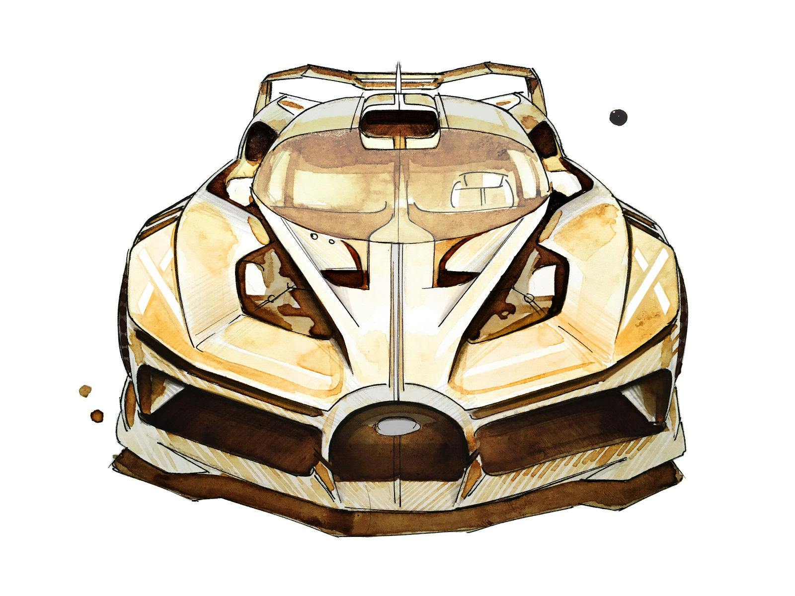 Bugatti Bolide Designskizze; die simulierte Höchstgeschwindigkeit des rennstreckenfokussierten Hypersportwagens liegt bei deutlich über 500 km/h.