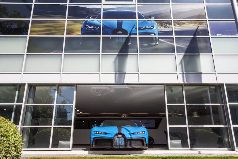 The Bugatti Chiron Pur Sport in the Geneva showroom.