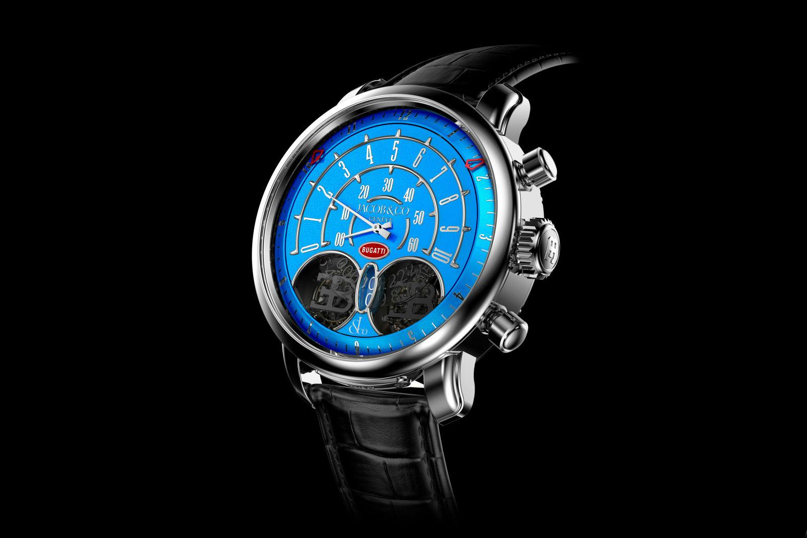 Die „Jean Bugatti“ Uhr, die neueste Uhr, die aus der Partnerschaft zwischen Jacob & Co. und Bugatti hervorgegangen ist.  