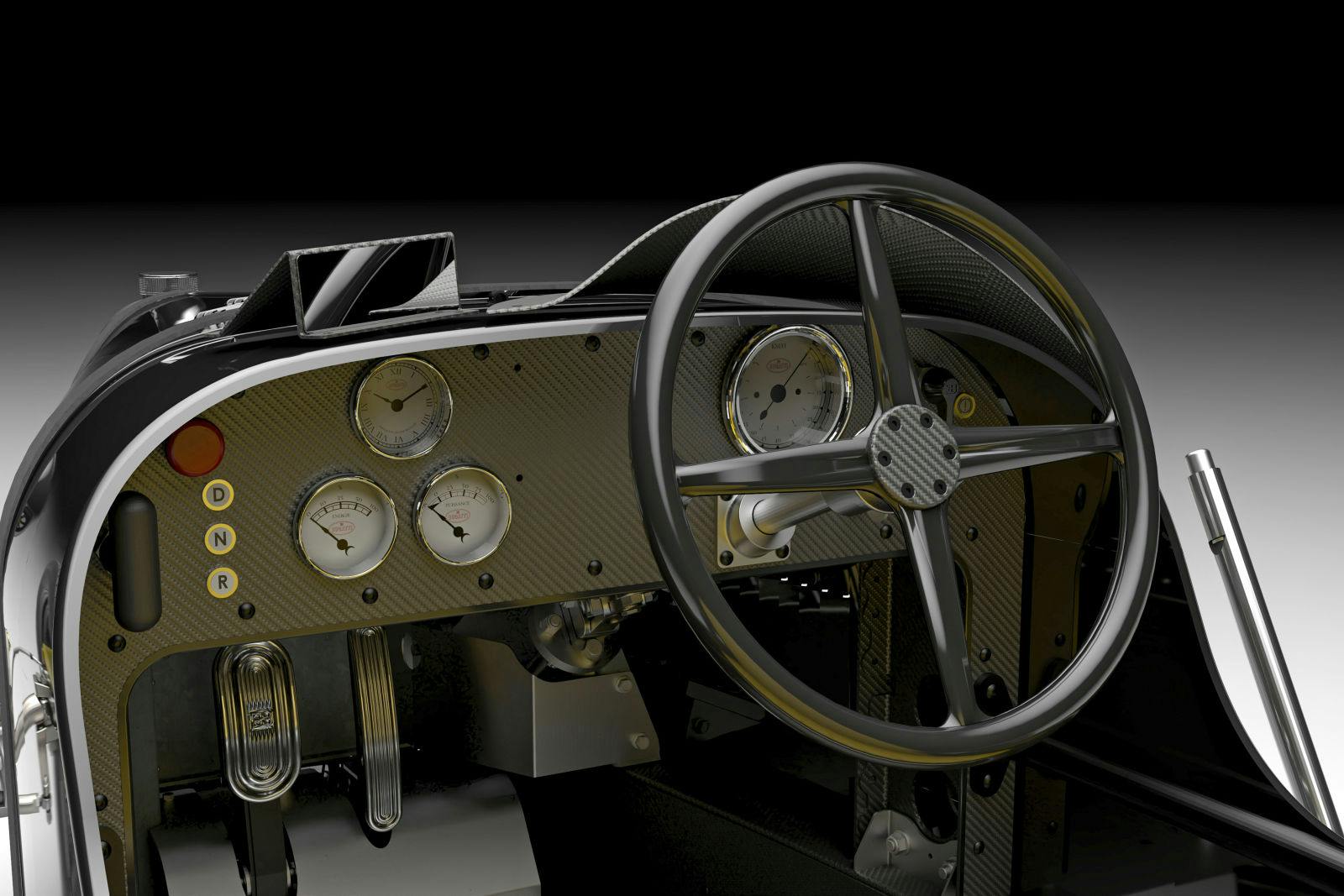 The interior design of the Baby II Carbon Edition is inspired by the original Bugatti Type 35.