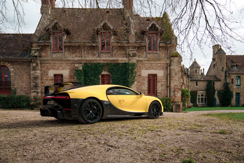 The Bugatti Chiron Pur Sport in front of the former monastery Abbaye des Vaux de Cernay, in Rambouillet, south west of Paris.