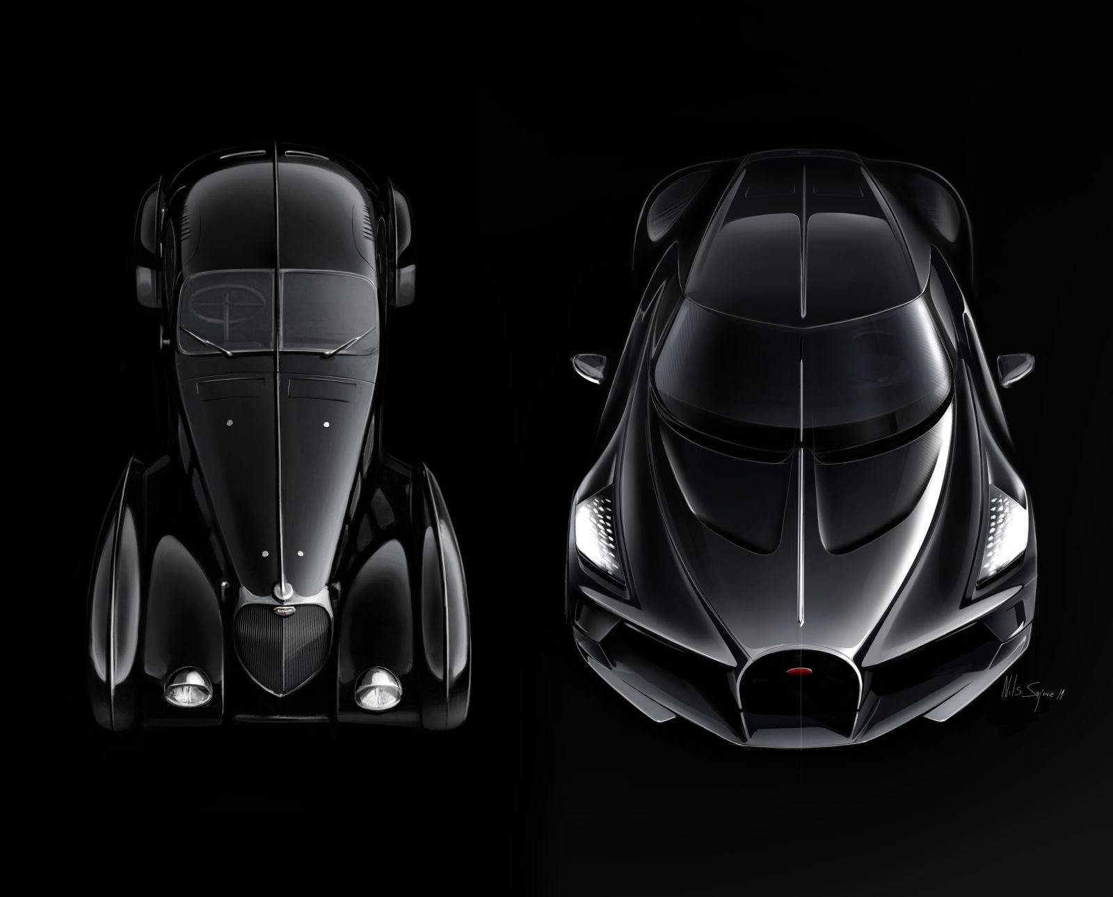 Design sketch Bugatti Type 57SC Atlantic and La Voiture Noire elevated top view - Nils Sajonz, Bugatti Design.
