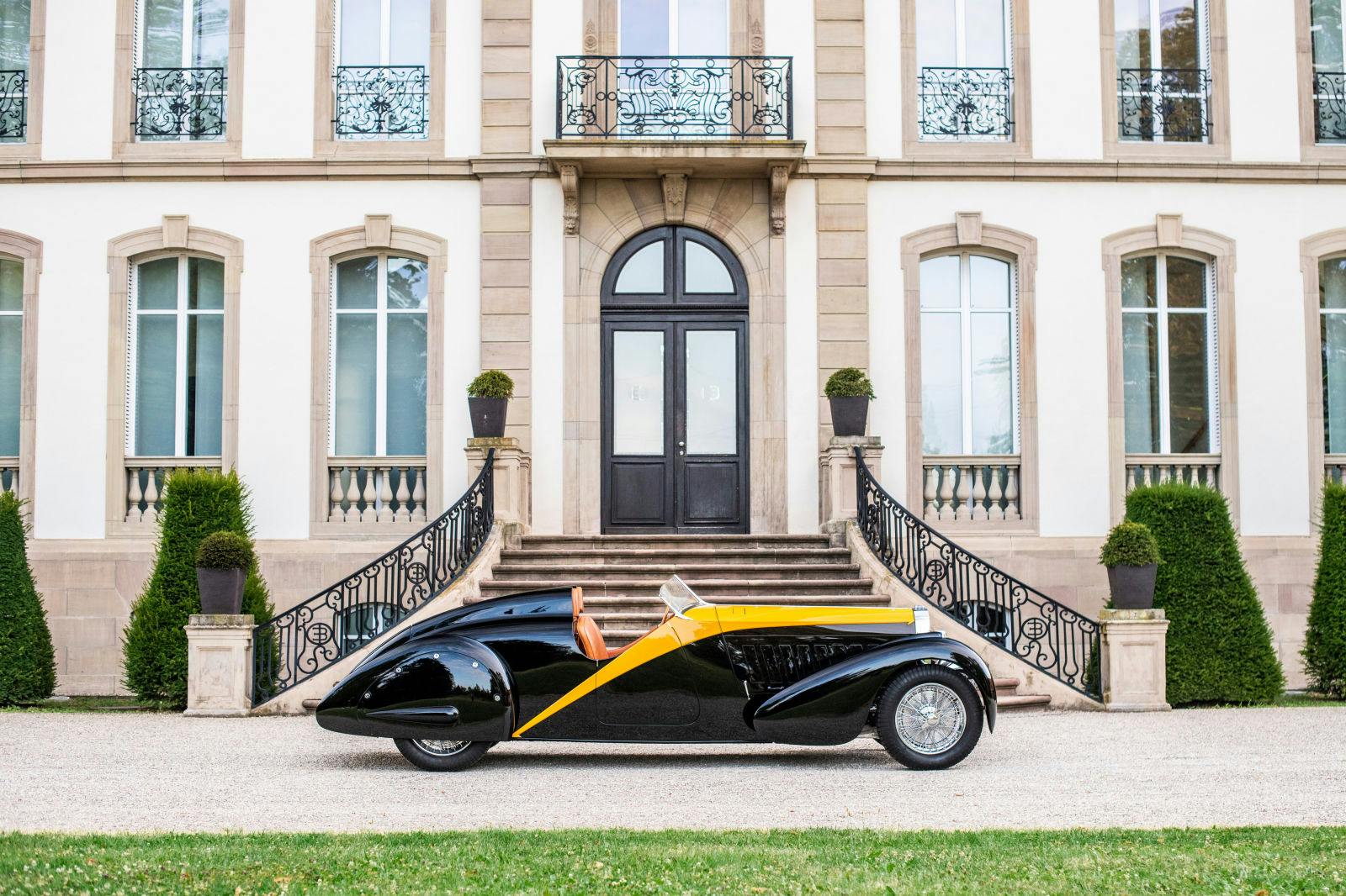 The one-of-a kind example of the Bugatti Type 57 Roadster Grand Raid Usine unveiled at the Salon de l’Automobile in Paris in October 1934.