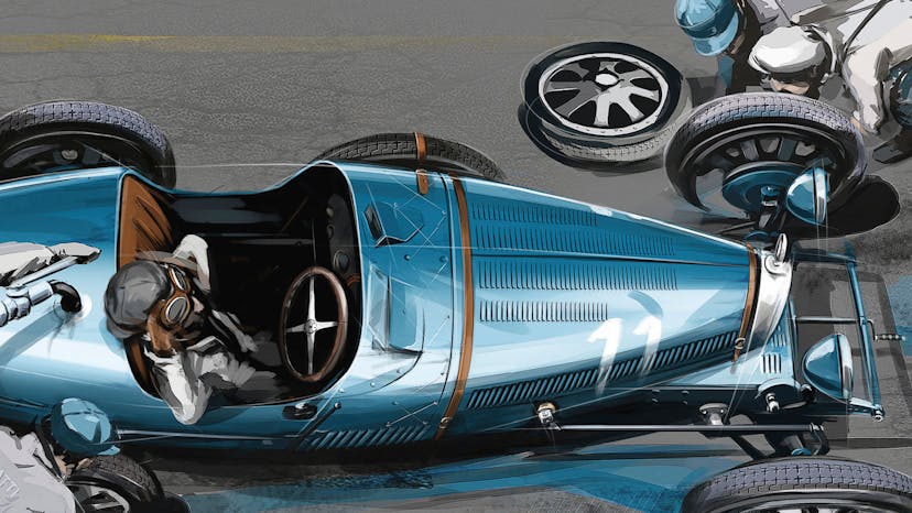 Louis Chiron in einem Bugatti Type 51 beim Boxenstop – Bugatti Design.