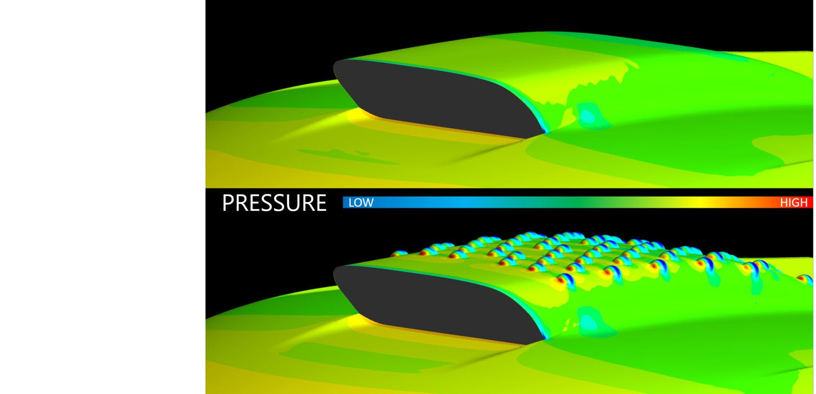 Comparison of the pressure distribution on the Airscoop with and without dimple pattern.