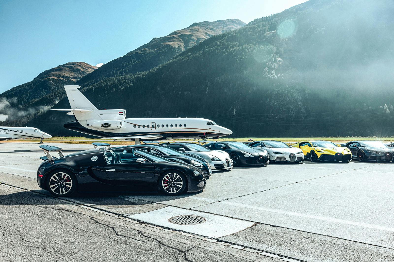 Bugatti legends line up at the spectacular Samedan airport for the ultimate display of speed.
