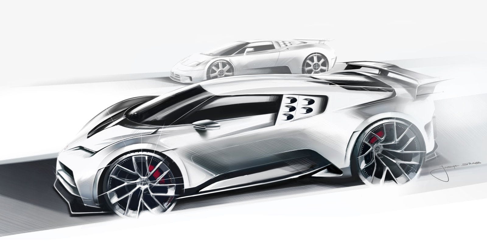 Croquis de conception Bugatti Centodieci et l’EB 110 vue latérale – Jascha Straub, Bugatti Design