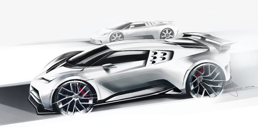 Design sketch Bugatti Centodieci and the EB 110 side view – Jascha Straub, Bugatti Design