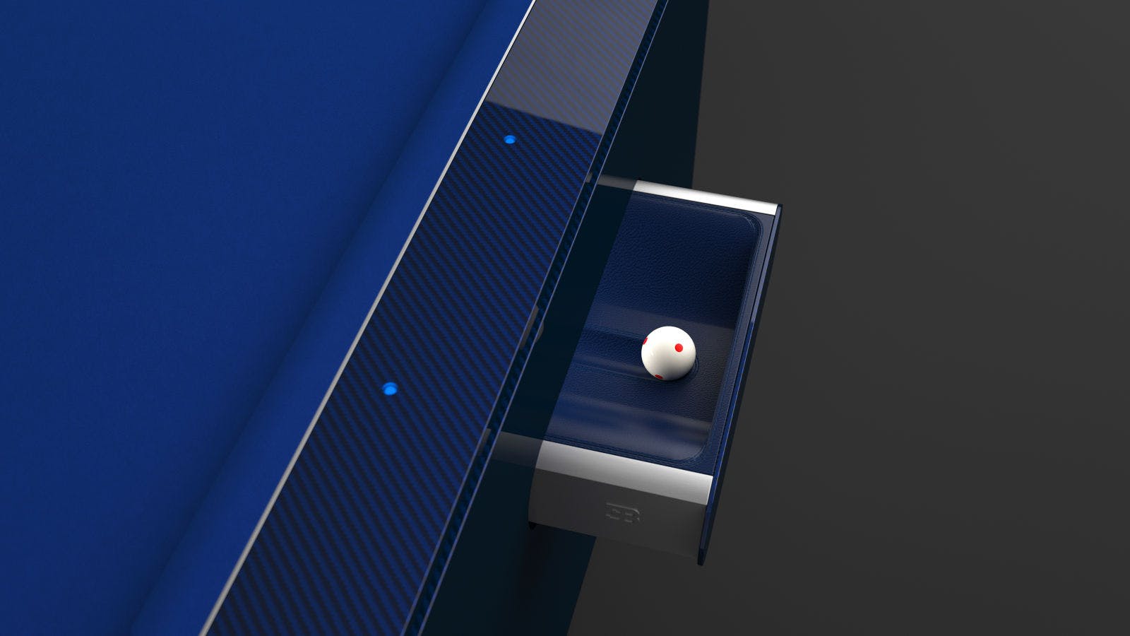 The sides of the drawers of the Pool Table are manufactured with CNC-machined, brushed and anodized aluminum, complete with the Bugatti logo.