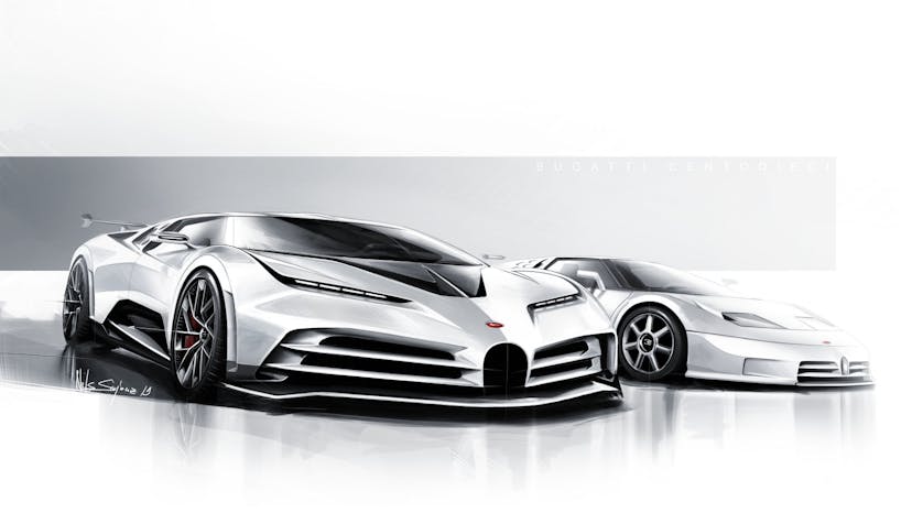 Design sketch Bugatti Centodieci 3-4 front view - Nils Sajonz, Bugatti Design.