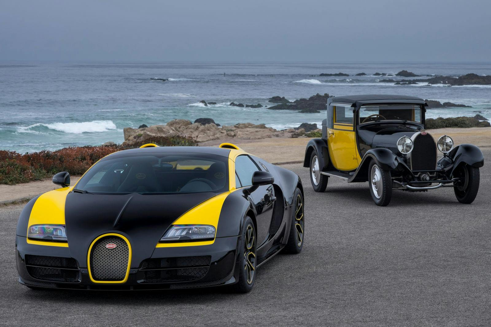 The Veyron 16.4 Grand Sport Vitesse ‘1-of-1’ introduced in 2014 and a Type 40 Fiacre finished in black and yellow.  