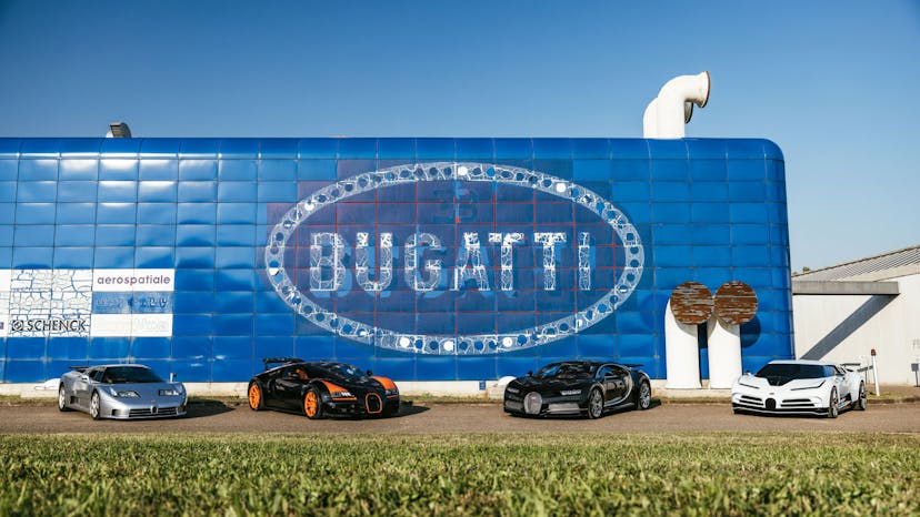 Two eras united in front of the Fabbrica Blu in Campogalliano, Italy: EB110 Super Sport, Veyron 16.4 Grand Sport Vitesse, Chiron Sport and Centodieci.
