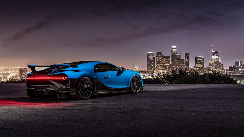The latest Bugatti hyper sports car from Molsheim, France, in front of the breathtaking backdrop of downtown Los Angeles: the Chiron Pur Sport.