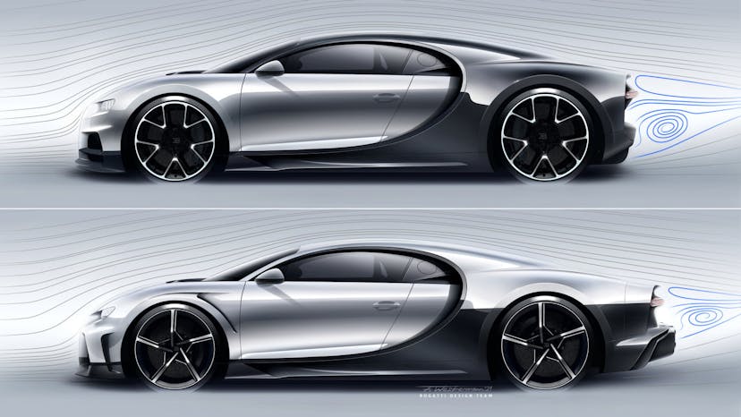 Shaped by Speed – The significantly reduced tear off area in comparison to the Chiron (blue lines).