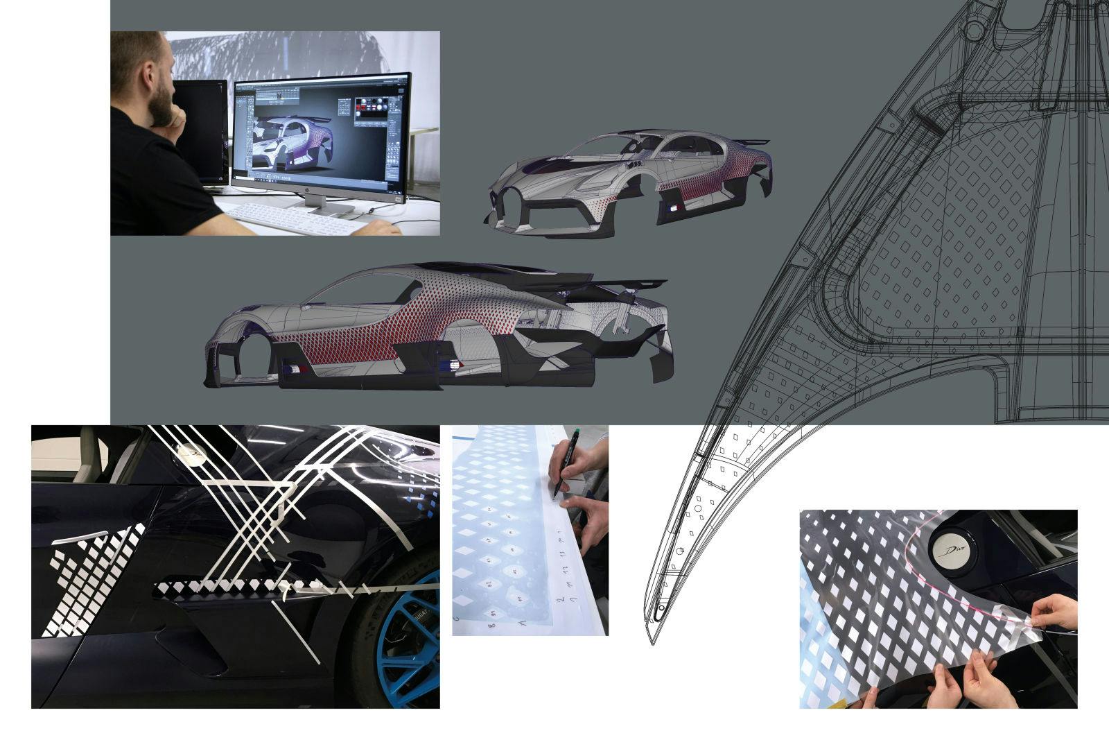 The Bugatti CAD-modellers projected according to the photoshop-specification of the designer the diamond pattern onto the surface of the CAD model of the Divo.
