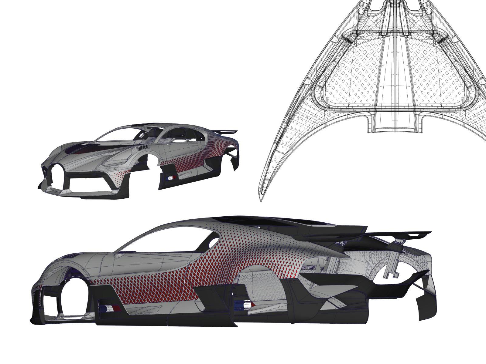 Die Bugatti CAD-Modelleure projizierten entsprechend der Photoshop-Vorlagen der Designer das Rautenmuster auf die Oberfläche des Divo CAD-Modells.