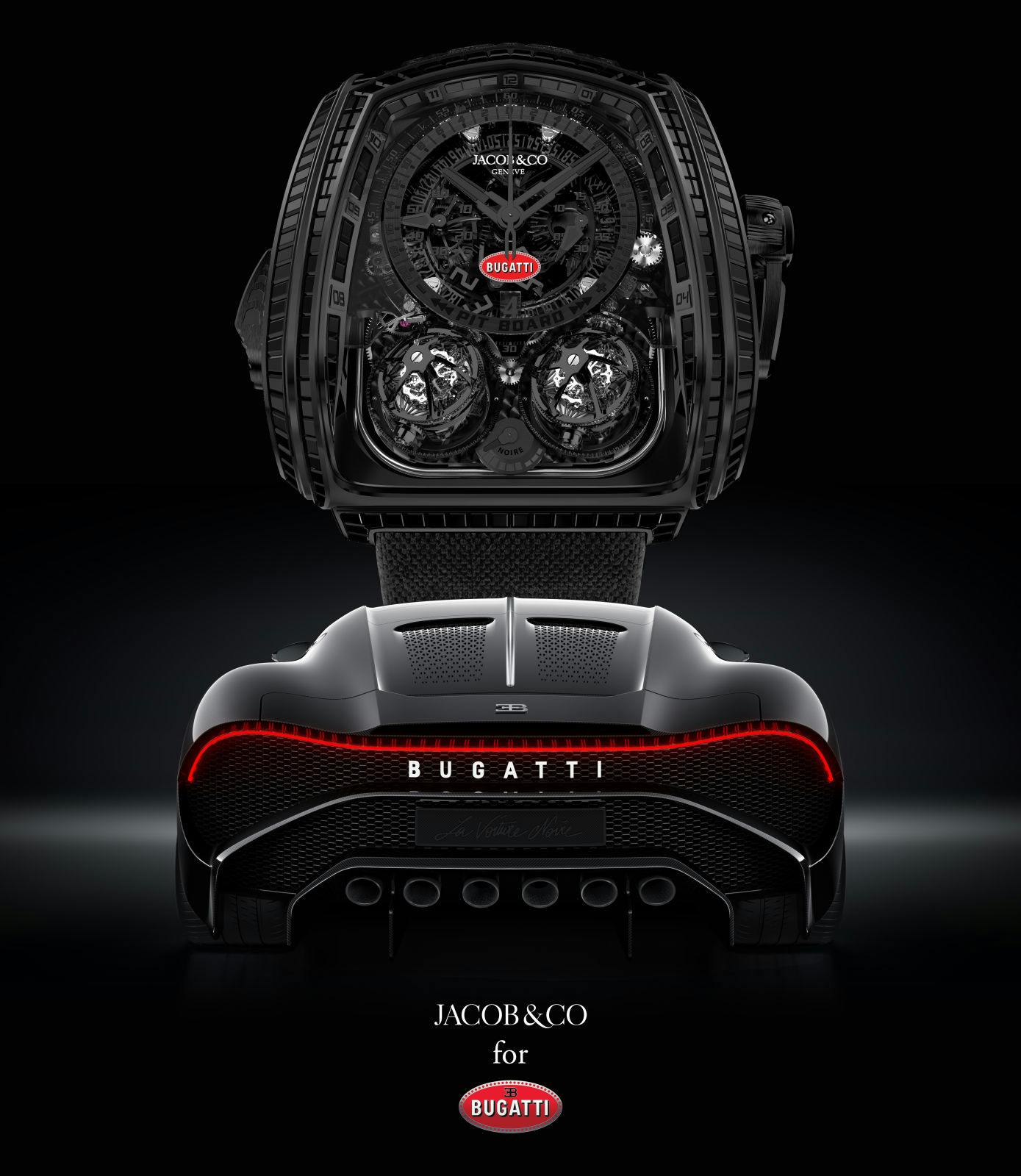 En hommage à La Voiture Noire: la one-off Twin Turbo Furious Bugatti La Montre Noire.
