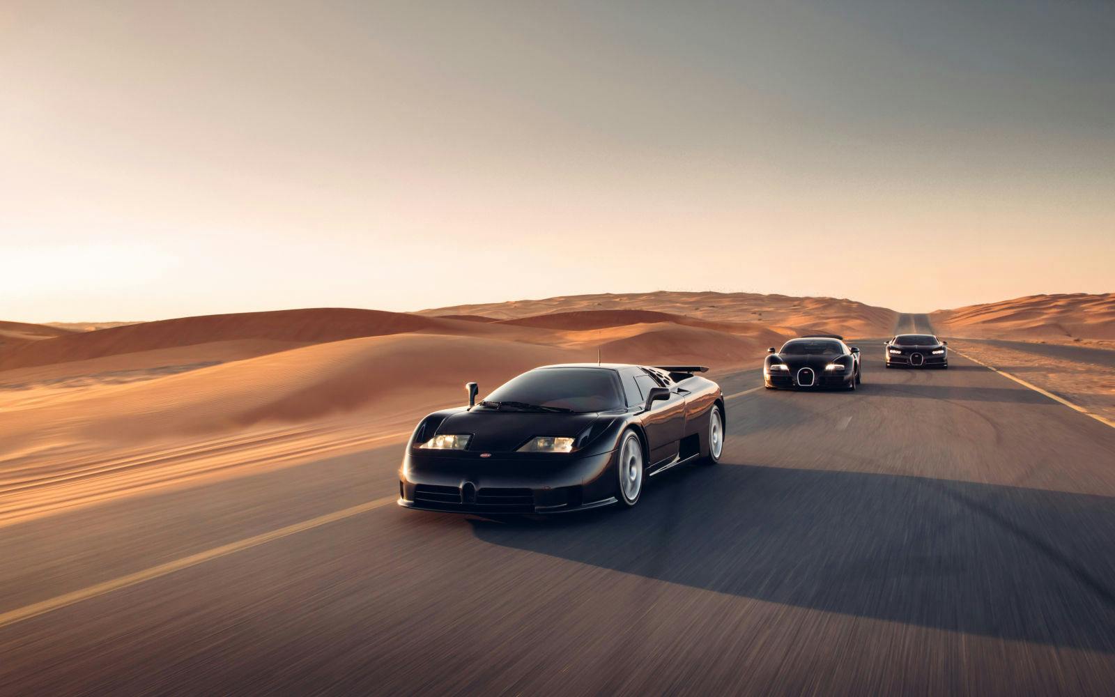 Die Trilogie der Bugatti-Moderne, Bugatti EB110, Veyron 16.4 und Chiron, vereint in Dubai