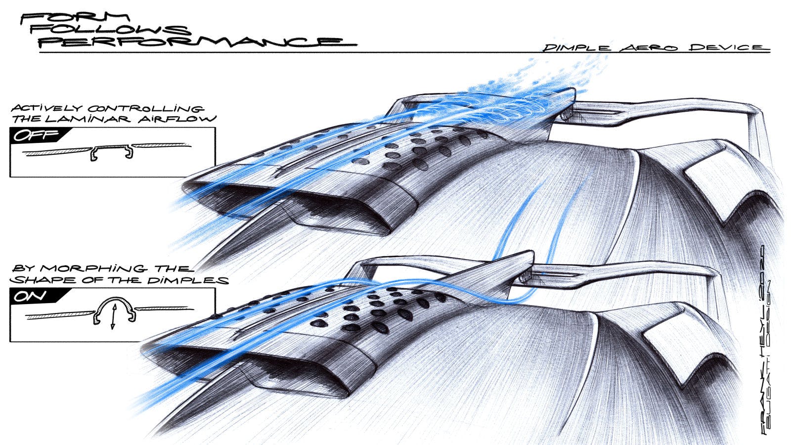 Les alvéoles améliorent l’aérodynamique en augmentant l’agilité et l’efficacité du Bolide Bugatti.