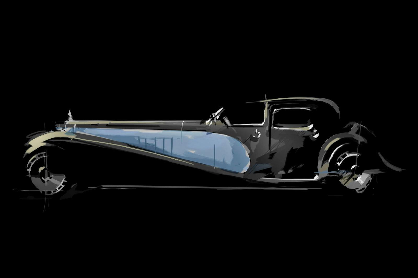 La peinture bi-colore caractéristique des véhicules Bugatti sur une Type 41 Royale Coupé Napoleon.