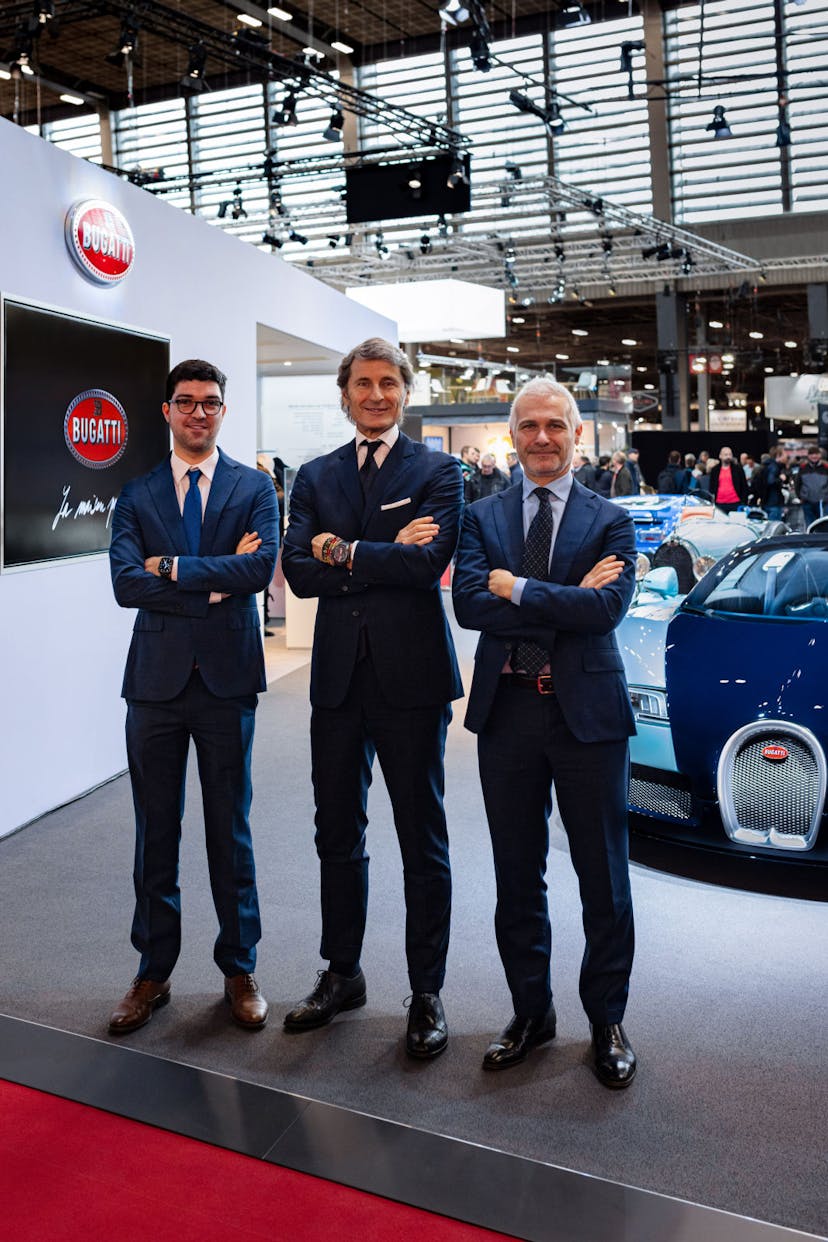 From left to right: Luigi Galli, specialist for Tradition and Certification at Bugatti; Stephan Winkelmann, President of Bugatti; Christian Mastro, Member of the Board of Management responsible for Sales, Marketing and Customer Service of Bugatti, Rétromobile Paris, 2020