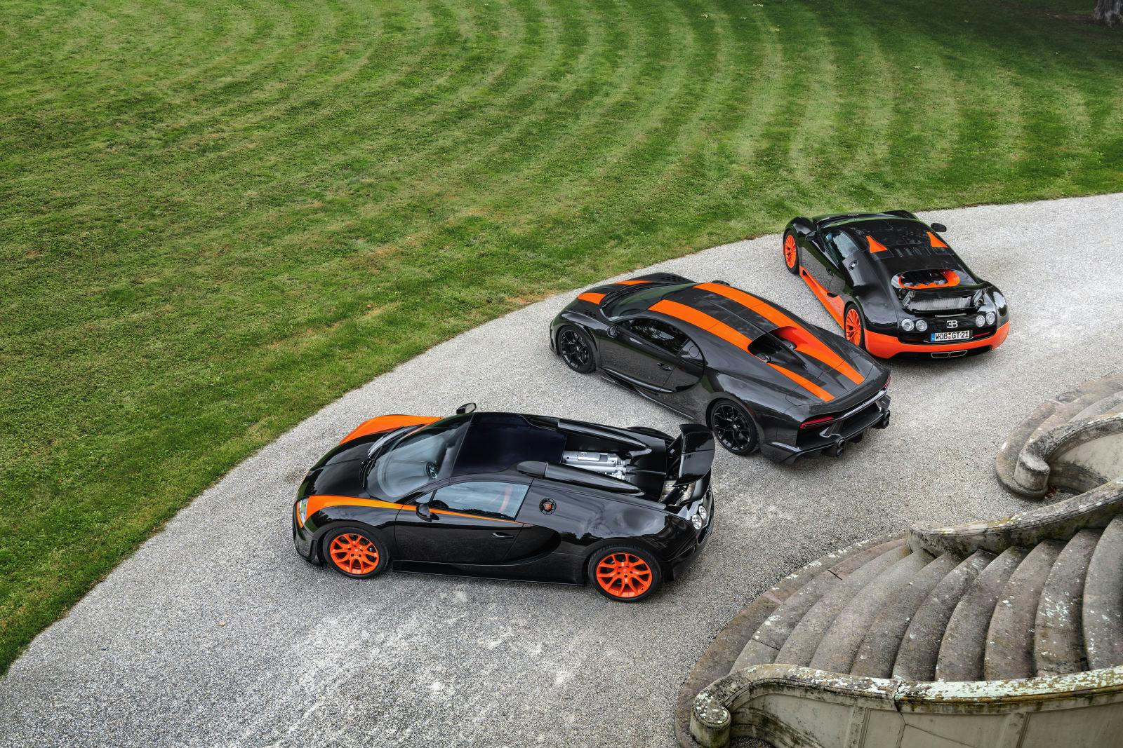 Bugatti – eine Marke der Rekorde; im Bild alle drei Rekordfahrzeuge der modernen Ära.