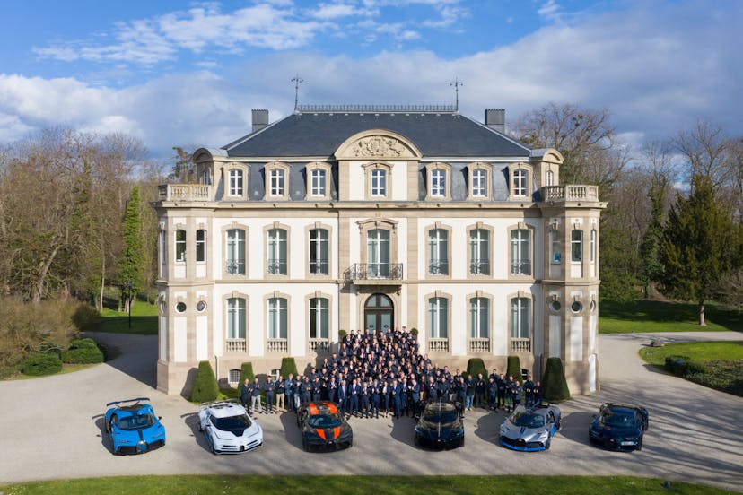 The Bugatti team before the outbreak of the Covid-19 pandemic at the company's headquarters in Molsheim, France.